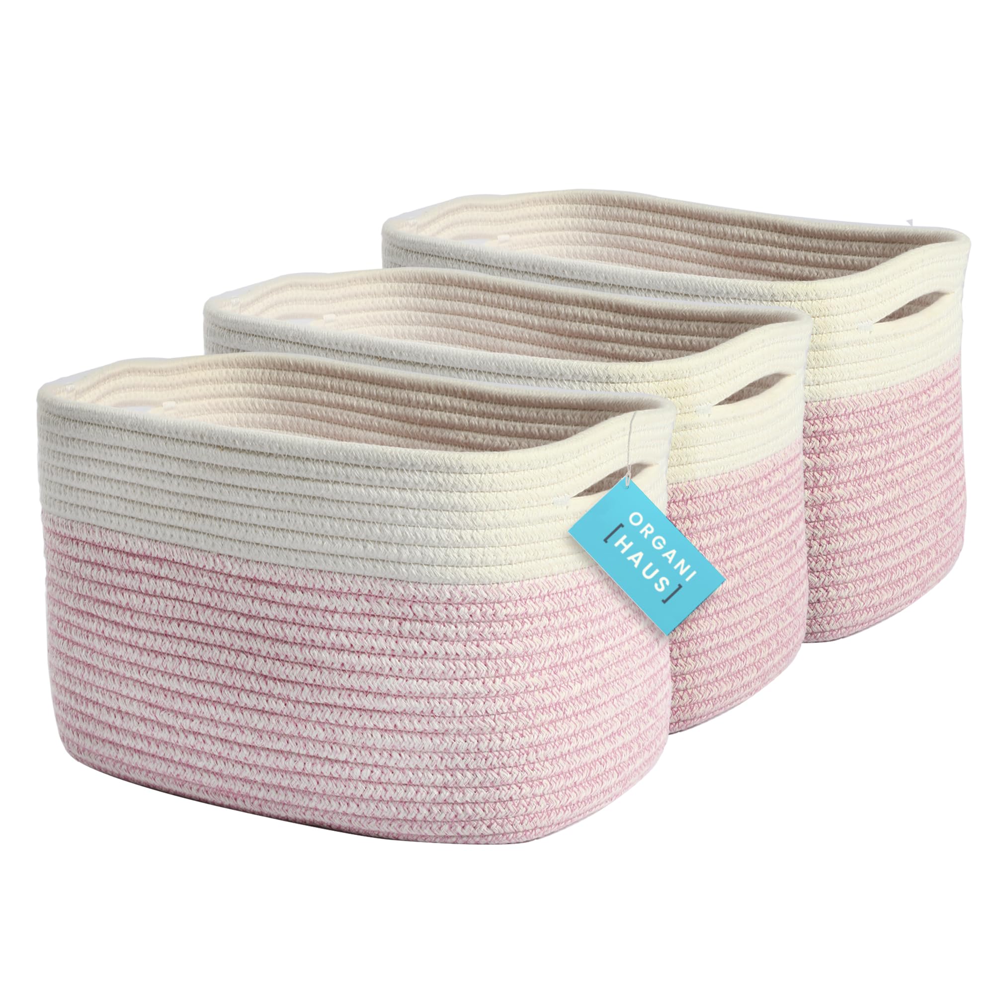 Organihaus Pink Storage Bins Set Of 3 | Nursery Towel Baskets For Bathroom | Woven Decorative Storage Baskets | Book Baskets | Cotton Rope Baskets For Storage